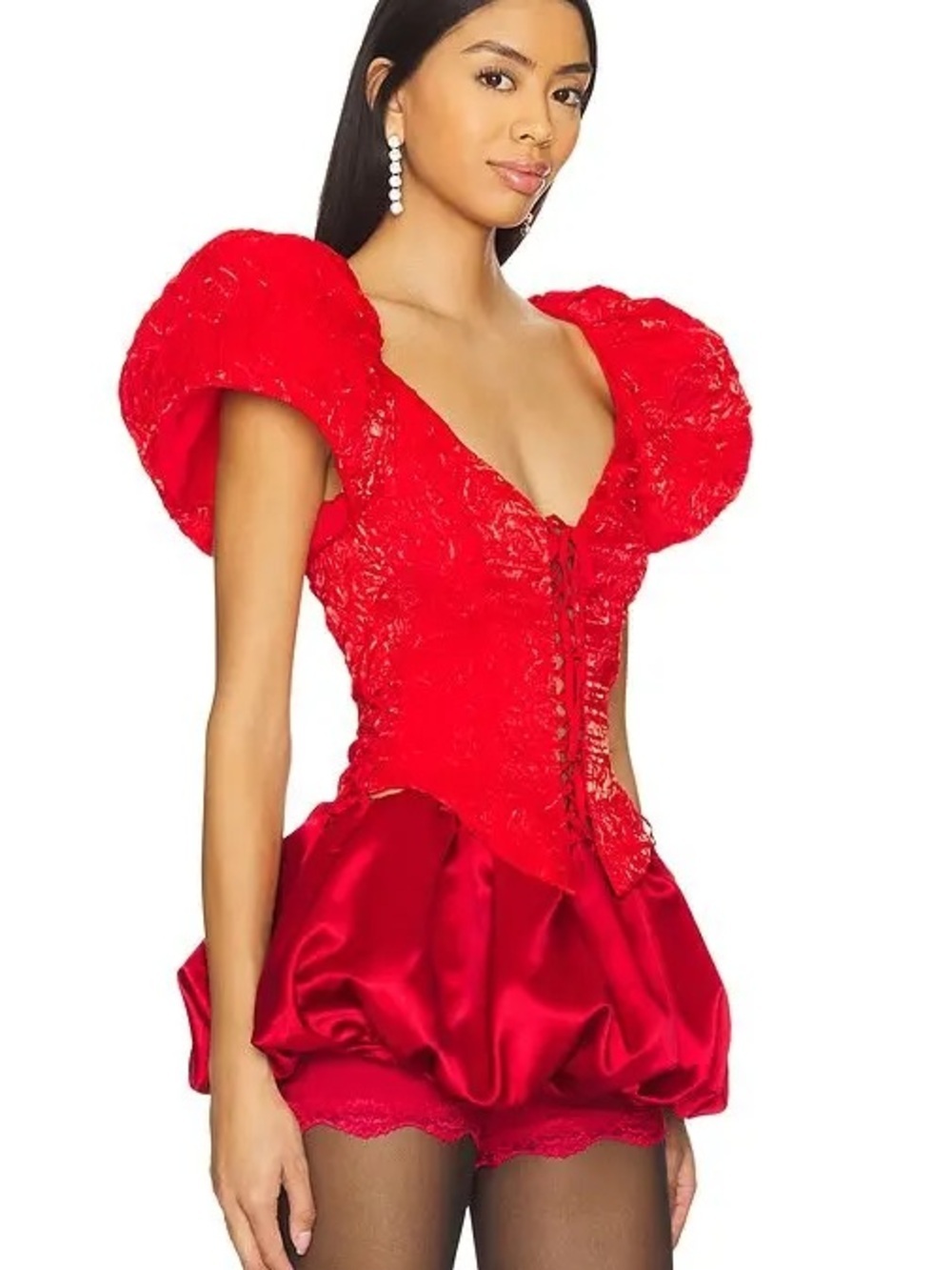 REVOLVE For Love & Lemons Red Lace-Up Puff Sleeve Corset Top NWT Small - Picture 2 of 4